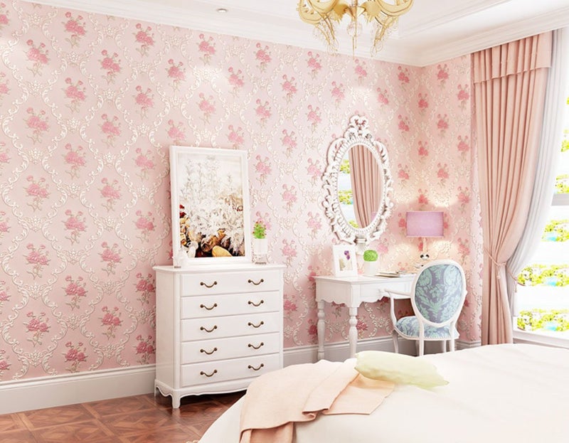 GLOW4U Embossed Rose Floral Contact Paper Self Adhesive Non-Woven Wallpaper Peel and Stick Wall Decor for Girls Living Room Bedroom Kitchen Bathroom Wall (Pink, 20.83" x 117") - Image 4